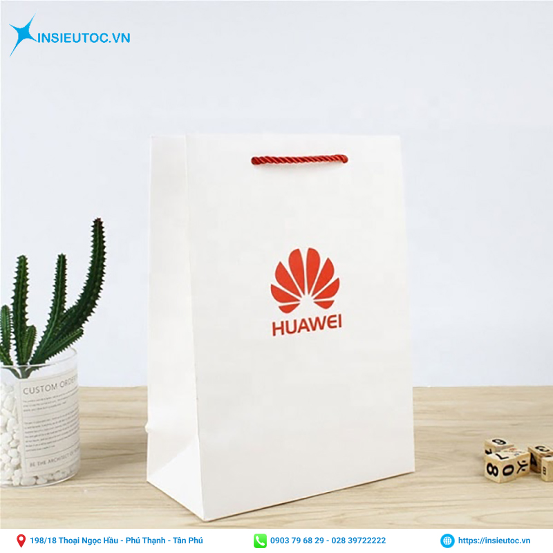 Thiết kế túi giấy của Huawei với màu cam trắng đặc trưng