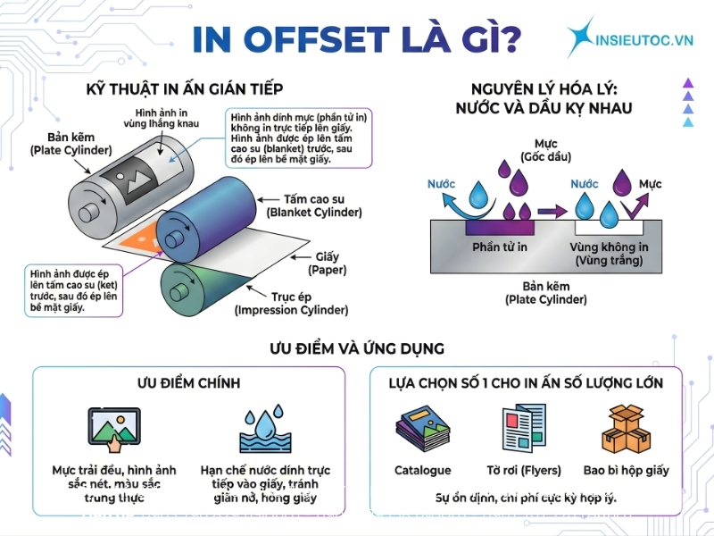 In offset là một kỹ thuật in ấn gián tiếp, nơi mà các hình ảnh dính mực (phần tử in) không được in trực tiếp lên giấy