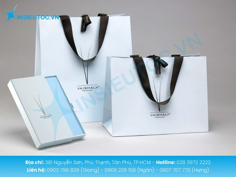 Túi giấy trắng cao cấp kèm hộp và nơ đen sang trọng thương hiệu Vaishaly