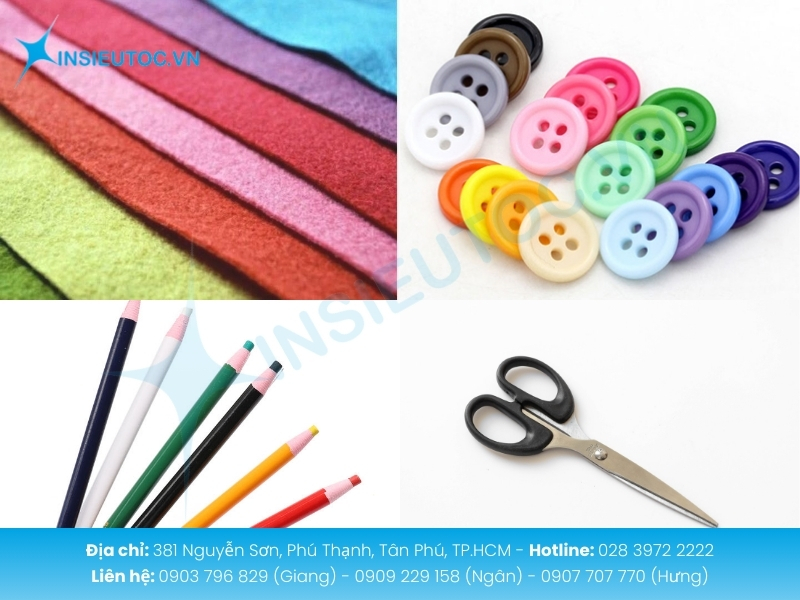 Chuẩn bị đầy đủ vải phụ kiện và dụng cụ để làm sản phẩm thủ công