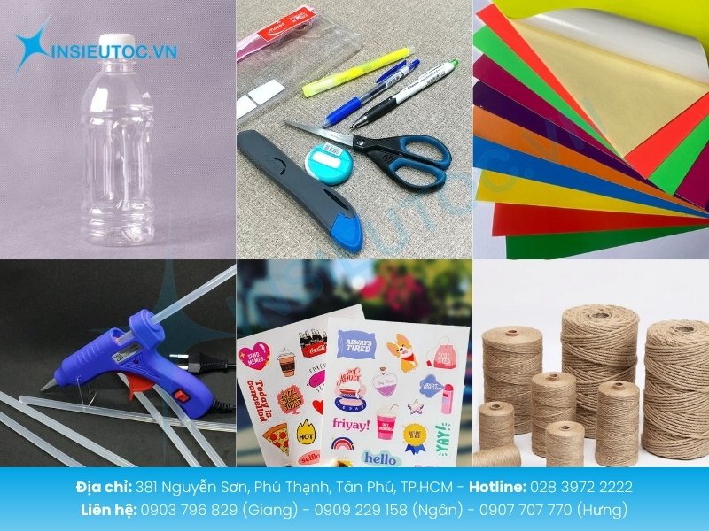 Chuẩn bị đầy đủ dụng cụ và vật liệu để làm hộp bút từ chai nhựa