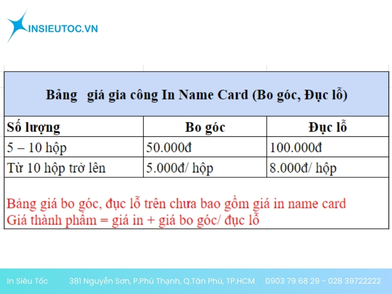 bảng giá in card visit tại tân bình