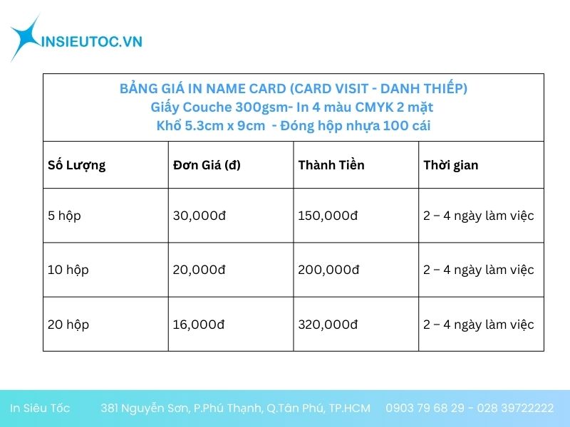 Bảng gía In Name Card của In Siêu Tốc