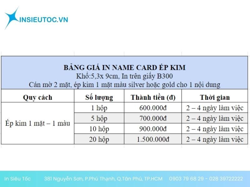 Báo giá in name card gia công ép kim