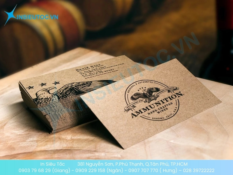 Name card giấy Kraft Nhật màu nâu vintage, in logo đại bàng và họa tiết retro đen