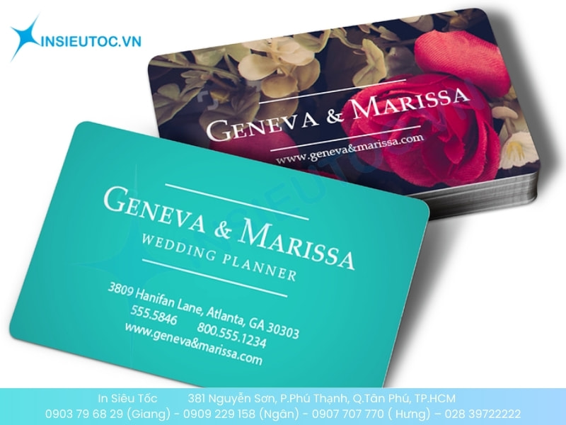 Name card in 2 mặt màu xanh tiffany và hoa hồng đỏ, góc bo tròn tinh tế