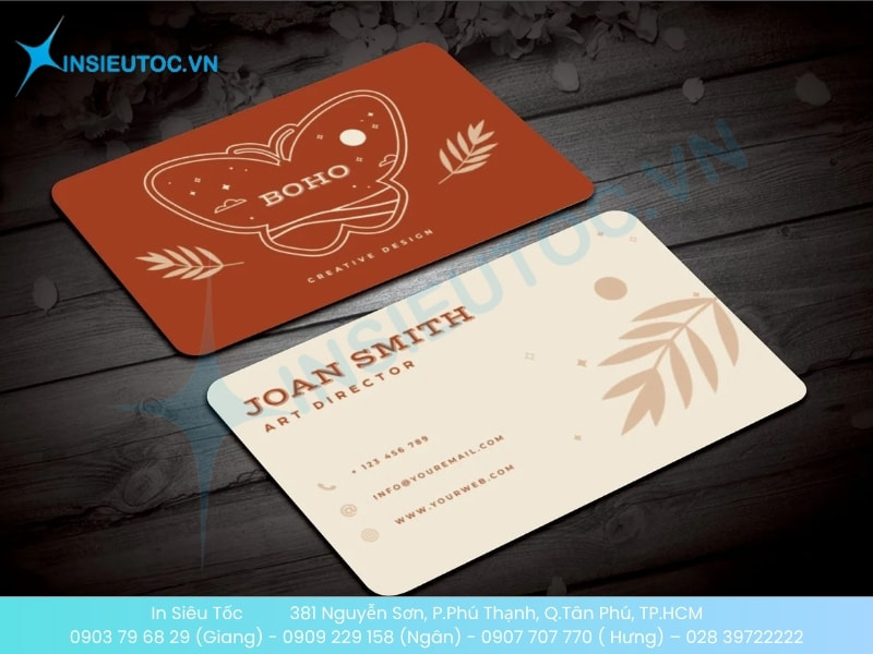 Mẫu danh thiếp giấy mỹ thuật Econo 300 màu cam kem, thiết kế tối giản với họa tiết lá