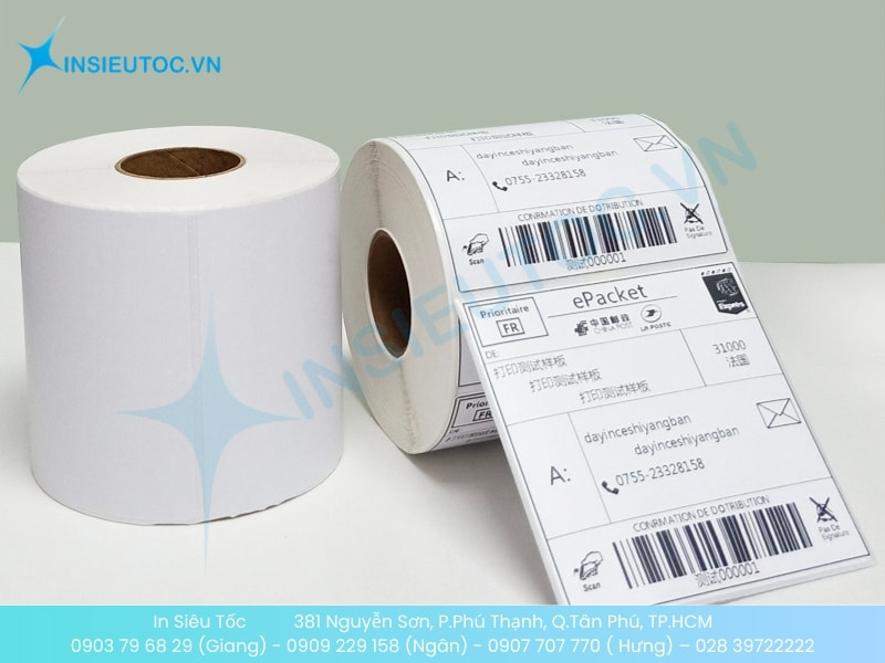 Cuộn tem nhãn mã vạch decal giấy trắng với mã vạch vận chuyển ePacket