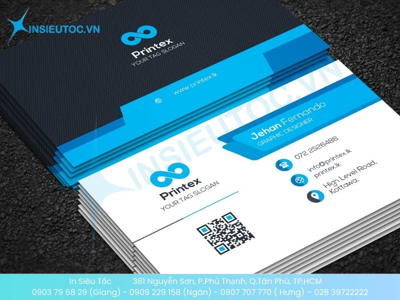 Mẫu name card giấy Couche 300gsm in 2 mặt màu xanh trắng hiện đại, cán màng mờ