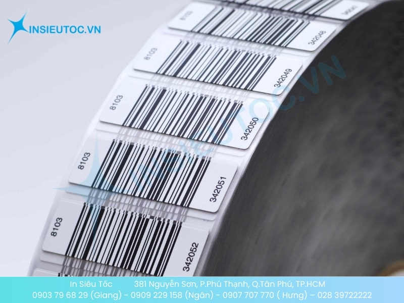 Tem nhãn mã vạch 1D dạng cuộn với số serial 8103 và 342050-342052