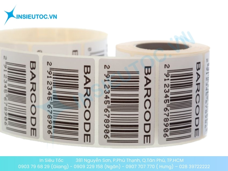 Cuộn tem mã vạch trắng có chữ BARCODE và số serial 2912345678906