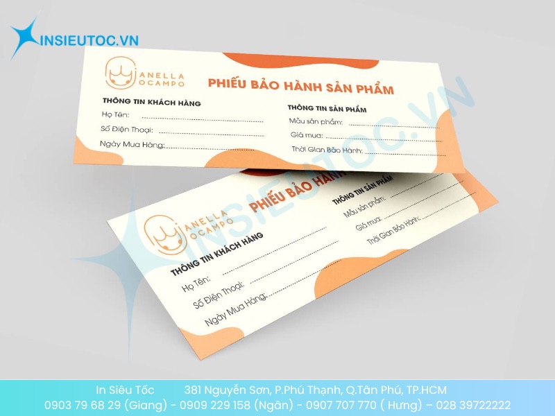 Phiếu bảo hành giấy Couche trắng với chi tiết cam, mẫu chất liệu giấy in tem nhãn sắc nét