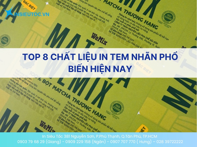 Tem nhãn sản phẩm Matcha màu vàng với chữ in đen, minh họa chất liệu giấy in tem nhãn phổ biến