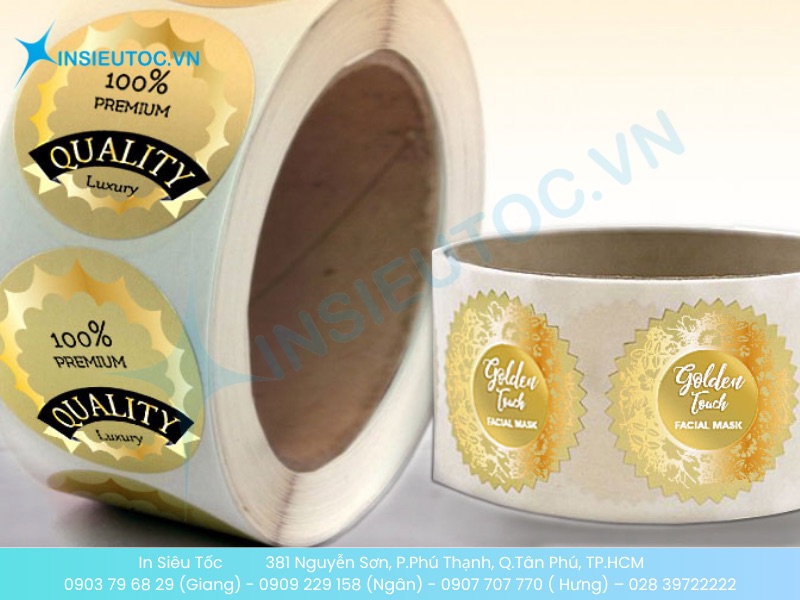 Tem decal Metalize vàng kim lấp lánh trên cuộn và hộp mỹ phẩm, mẫu các loại decal tem nhãn