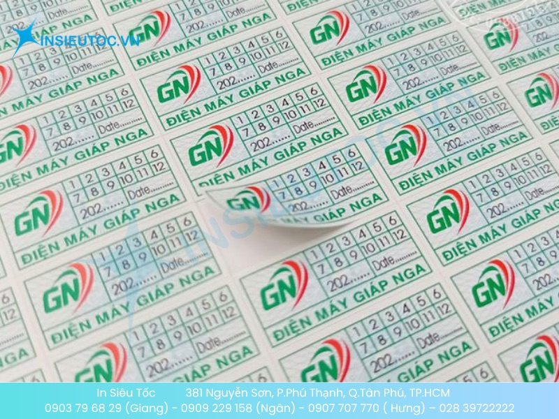 Tấm decal vỡ bảo hành với logo GN và ô đánh dấu ngày tháng, mẫu các loại decal tem nhãn