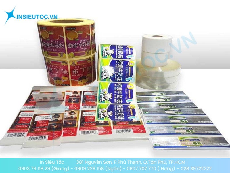 Các mẫu tem nhãn cuộn và tấm đa màu sắc, minh họa phân loại giấy in tem nhãn và decal