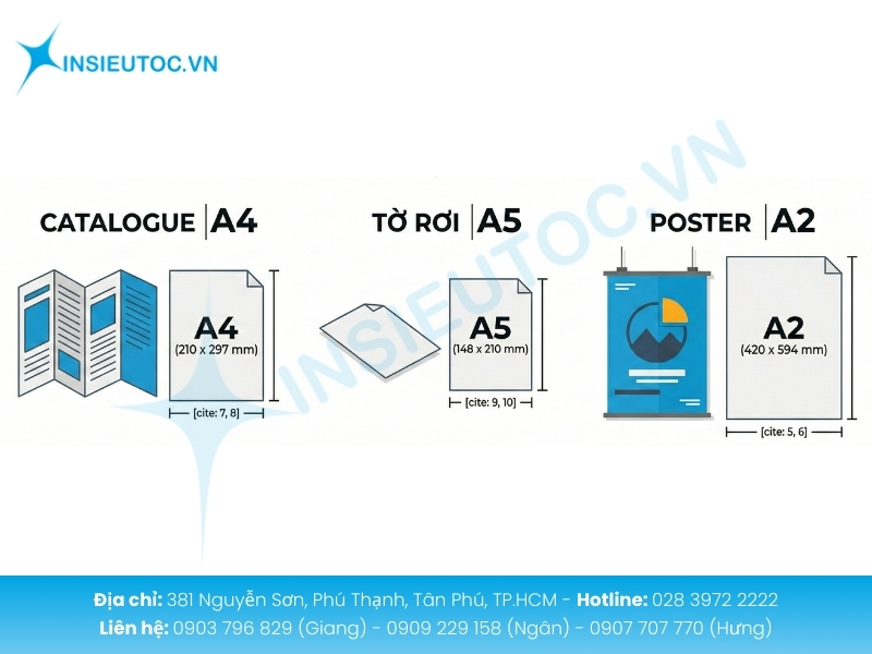Ứng dụng các khổ giấy A trong in ấn thương mại — catalogue A4, tờ rơi A5, poster A2
