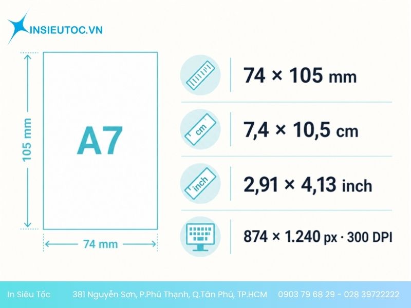 Kích thước A7 theo mm, cm, inch và pixel