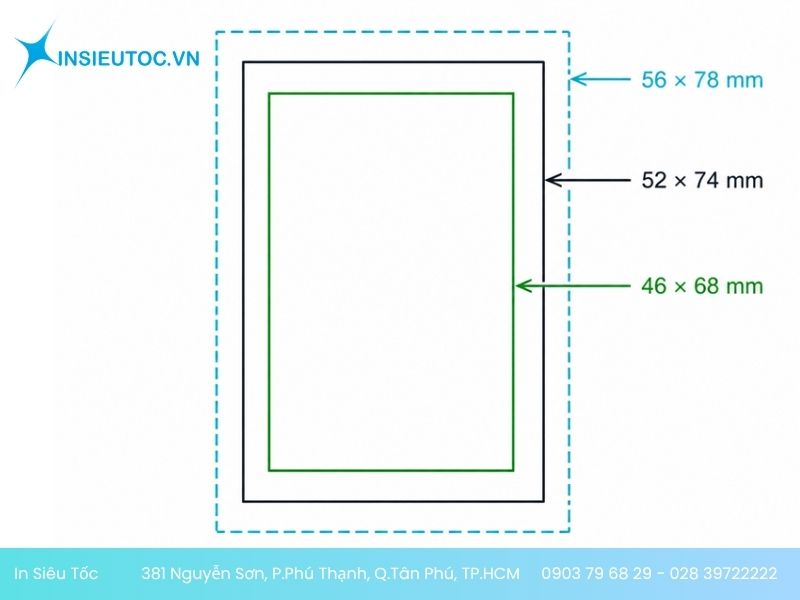 Tràn lề và vùng an toàn cho ấn phẩm 52 x 74 mm