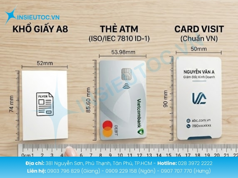 A8 ngắn hơn thẻ ATM, dáng cân đối, cực hợp làm tem nhãn hoặc voucher nhỏ gọn.
