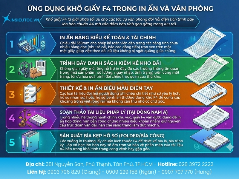 Giấy F4 giúp tối ưu in ấn bảng biểu, hồ sơ pháp lý và bảo quản tài liệu văn phòng một cách chuyên nghiệp.