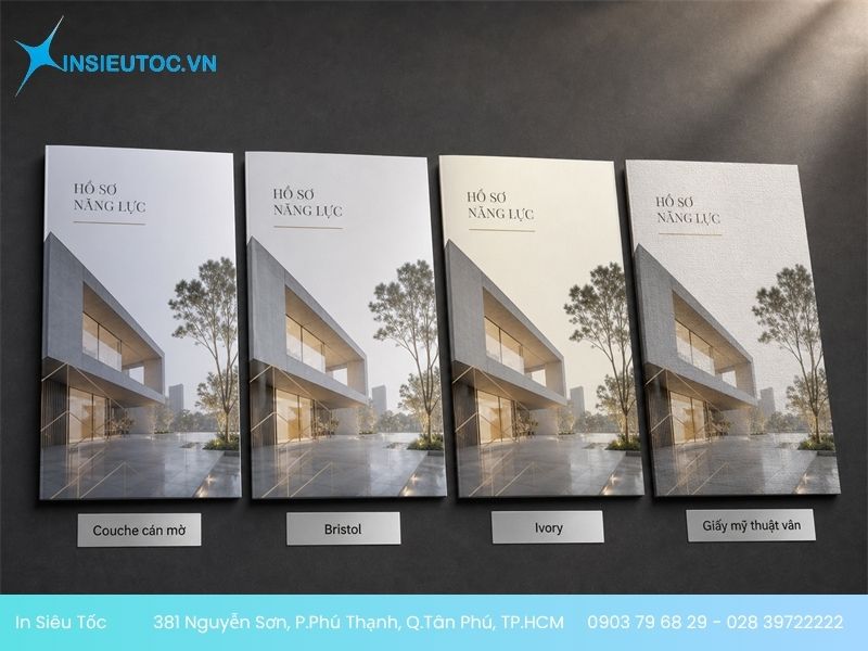 Bốn mẫu bìa profile in trên giấy couche cán mờ, Bristol, Ivory và giấy mỹ thuật
