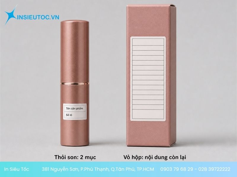 Thỏi son dán tem hai mục tối thiểu và vỏ hộp giấy mang đủ nội dung bắt buộc còn lại