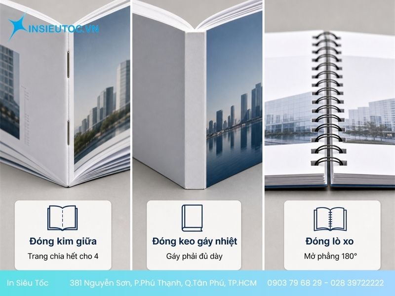 Ba kiểu đóng cuốn profile: đóng kim giữa, đóng keo gáy nhiệt và đóng lò xo
