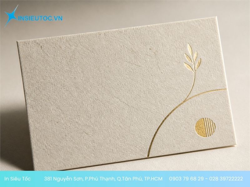 Card visit giấy thơm ép kim, thấy rõ tương phản giữa lớp nhũ bóng và nền giấy nhám