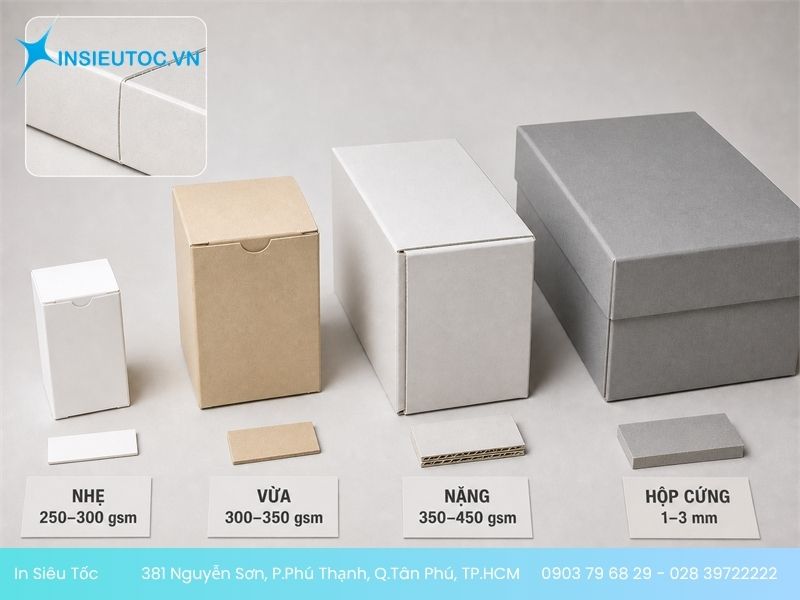 Kích thước hộp, trọng lượng sản phẩm và định lượng giấy
