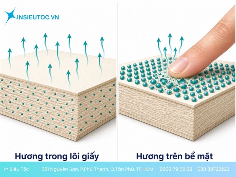 Sơ đồ so sánh hai cách tạo mùi trên card visit giấy thơm: tẩm trong lõi giấy và phủ hạt hương lên bề mặt