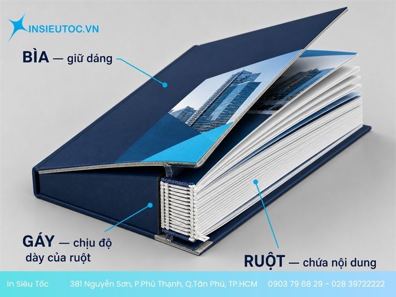 Cấu tạo cuốn profile gồm bìa, ruột và gáy cùng nhiệm vụ của từng phần