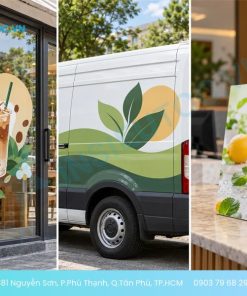 Decal quảng cáo dán trên cửa kính, xe và menu để bàn