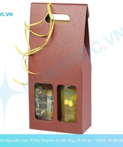 Hộp giấy đựng cặp rượu màu nâu có quai xách
