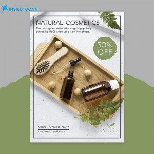 Chương trình giảm giá 30% dành cho các loại mỹ phẩm thiên nhiên với thiết kế trẻ trung, gần gũi nhờ gam màu xanh nhạt và hình ảnh khay gỗ tờ rơi mỹ phẩm natural cosmetics